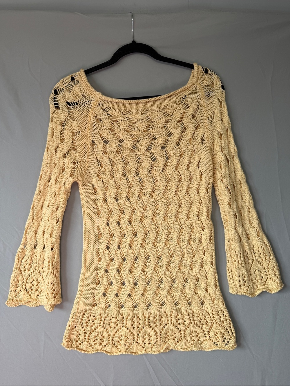 M Made in Italy Womens Boho Hippie Crochet Oversized Sweater Size S Yellow Flare - Picture 5 of 6